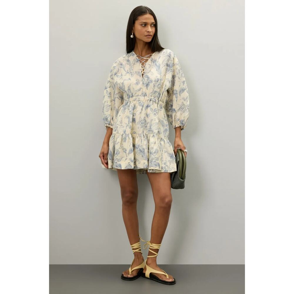 SANDRO Blue Floral Linen Fit Flare Mini Dress Designer, Size 38, Retail $563